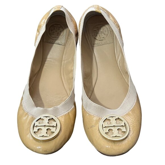 Tory Burch Caroline Patent Leather Ballet Flats Nude Beige Womens Size 8 - Picture 1 of 12